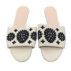 NWT J. Crew Cream & Black Floral Embroidered Slide Sandals Size 8 Summer Linen